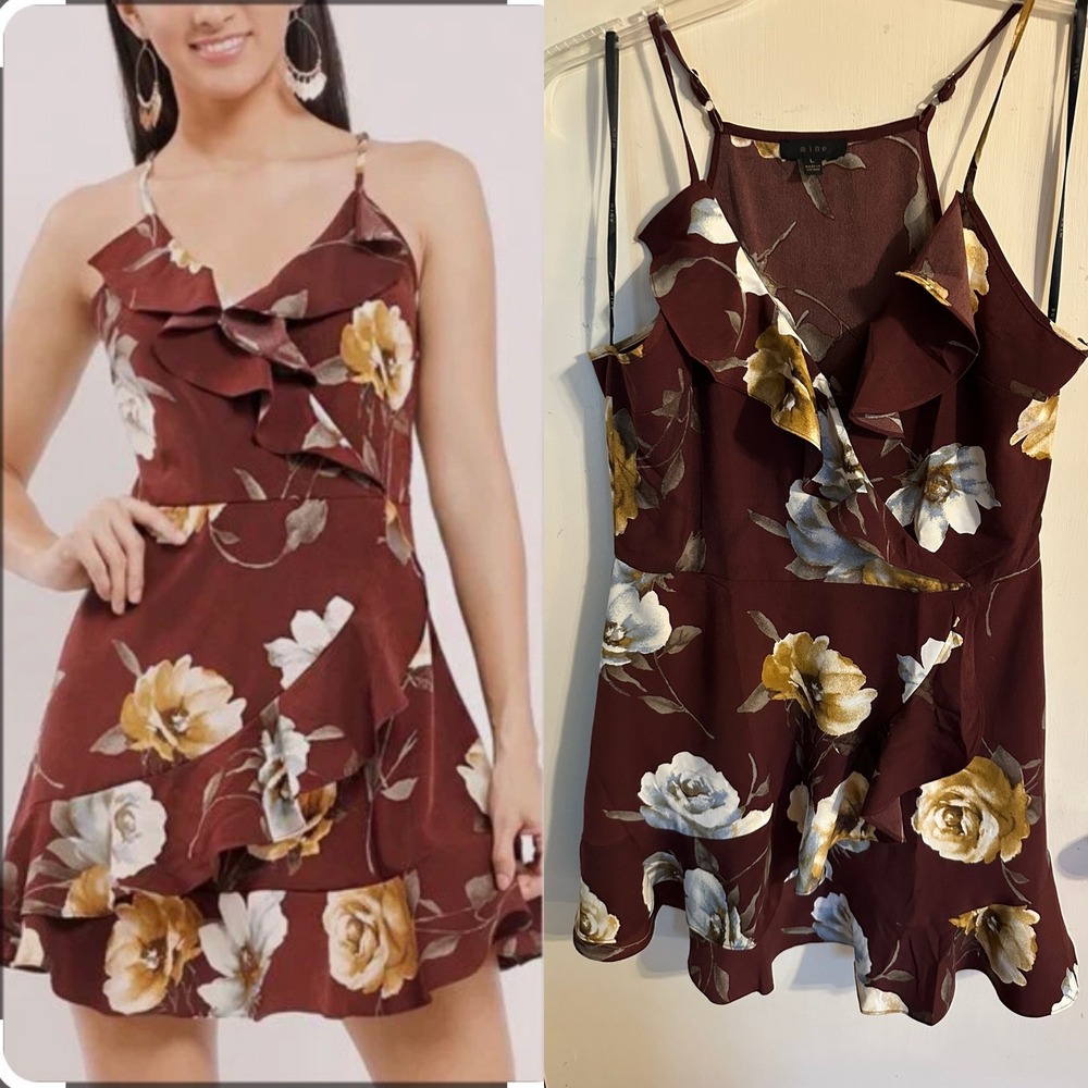 Mine Romantic Burgundy Floral Ruffle Mini Dress Sleeveless Size Large Woman's - Picture 1 of 16